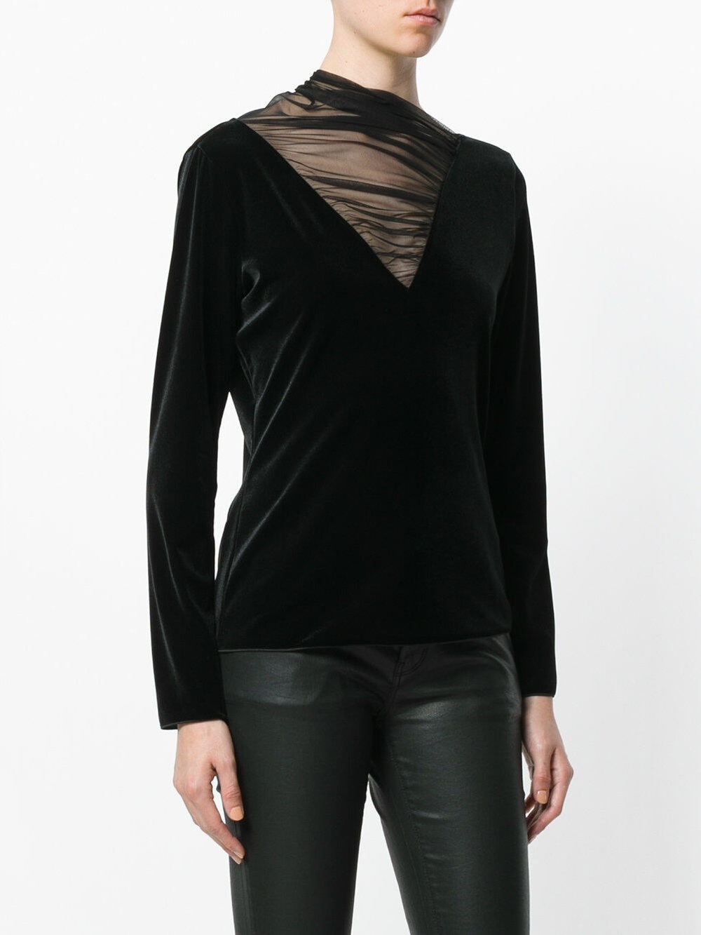 Armani Black Velvet Long-Sleeve Top with Sheer Mesh Insert